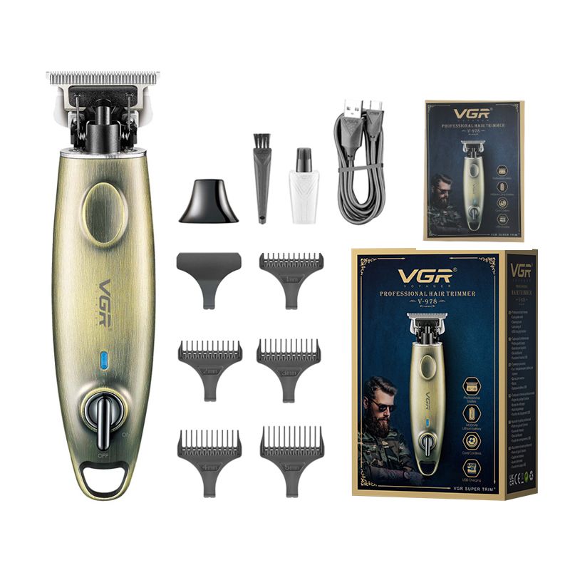 complete product kit layout for vgr v-978 vintage professional hair trimmer including the gold metal zero cut trimmer machine five attachment guide combs 1mm 2mm 3mm 4mm 5mm protection cap cleaning brush lubricating oil usb charging cable user manual and retail packaging box on a plain white background