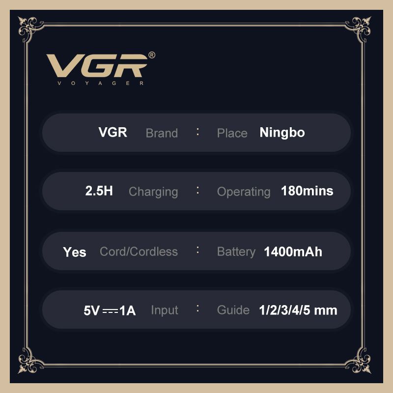 technical specification sheet for vgr voyager v-978 hair trimmer detailing 2.5 hours charging time 180 minutes operating time cord cordless usage 1400mah lithium battery 5v 1a input and 1mm to 5mm guide combs on a dark decorative border background