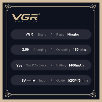 technical specification sheet for vgr voyager v-978 hair trimmer detailing 2.5 hours charging time 180 minutes operating time cord cordless usage 1400mah lithium battery 5v 1a input and 1mm to 5mm guide combs on a dark decorative border background