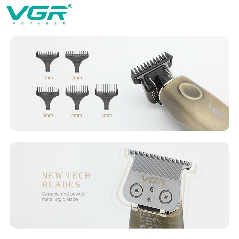 dual panel product feature graphic showing five attachment combs and a close up of the vgr v-978 ceramic and powder metallurgic t blade highlighting new tech blades designed for precise zero gap trimming and detail lining