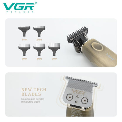dual panel product feature graphic showing five attachment combs and a close up of the vgr v-978 ceramic and powder metallurgic t blade highlighting new tech blades designed for precise zero gap trimming and detail lining