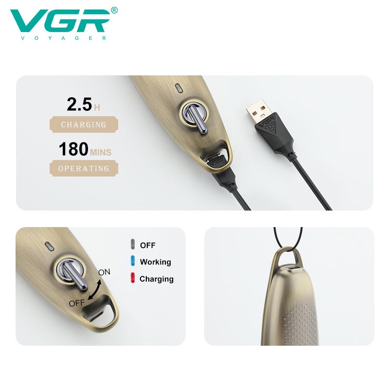 multi panel feature showcase of vgr v-978 trimmer displaying usb charging connection text indicating 2.5h charging and 180 mins operating time power switch operation guide with colored indicator statuses for working and charging and textured back grip with hanging loop