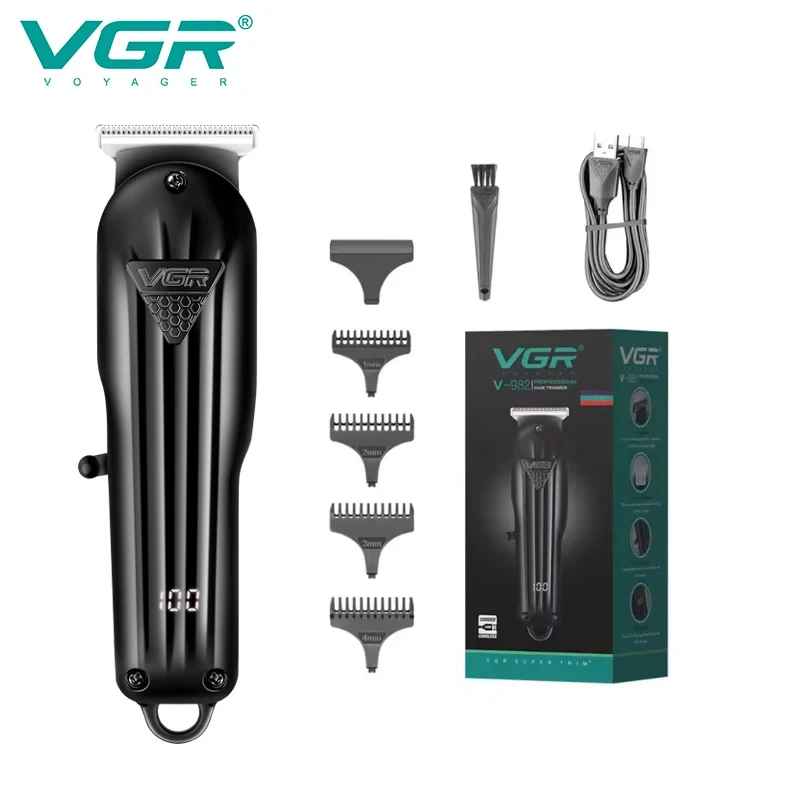 VGR V-982 professional hair trimmer kit displaying sleek black body, 4 guide combs, USB cable, cleaning brush, and packaging box.