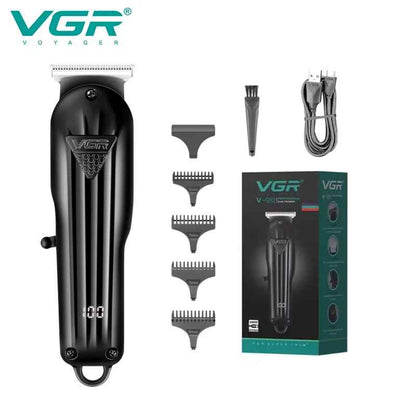 VGR V-982 professional hair trimmer kit displaying sleek black body, 4 guide combs, USB cable, cleaning brush, and packaging box.