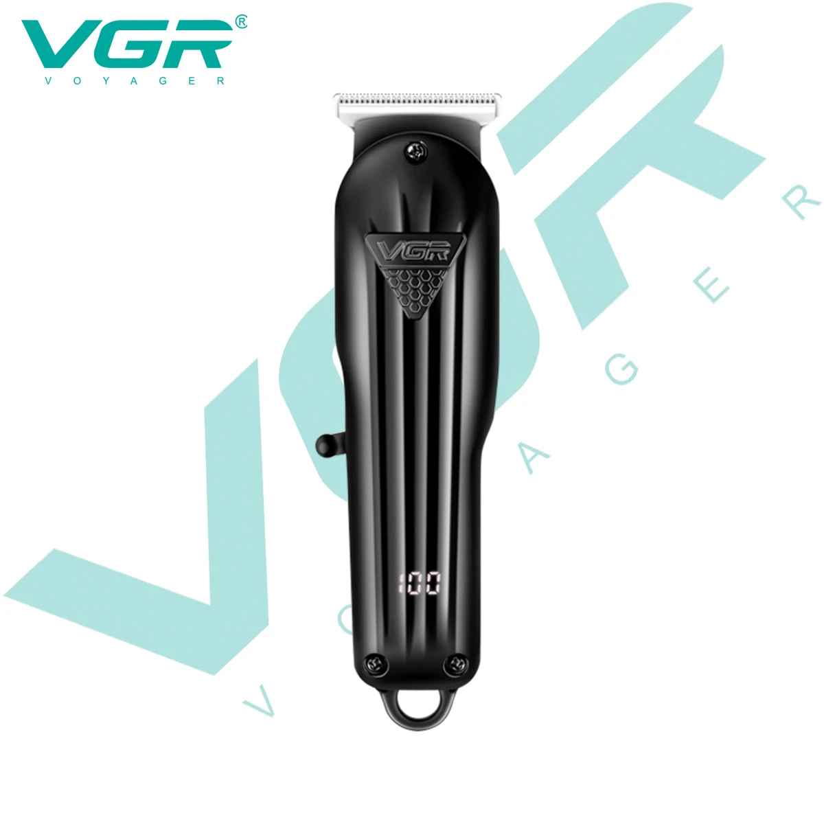 Front view of the matte black VGR V-982 cordless hair trimmer showcasing the digital LED battery percentage display and precision blade.