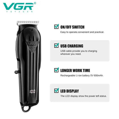 Key features infographic of the VGR V-982 trimmer detailing the power switch, USB charging support, 600mAh lithium battery, and LED screen.