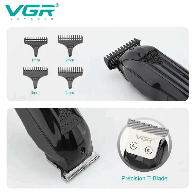 Close-up view of the VGR V-982 precision T-blade assembly and 4 attachment guard comb sizes ranging from 1mm to 4mm.