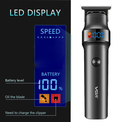 VGR V-987 Smart LED Display features showing battery level percentage, blade oiling indicator, and charging alert — VGR Professional Trimmer technical specifications for online shopping in Pakistan.
