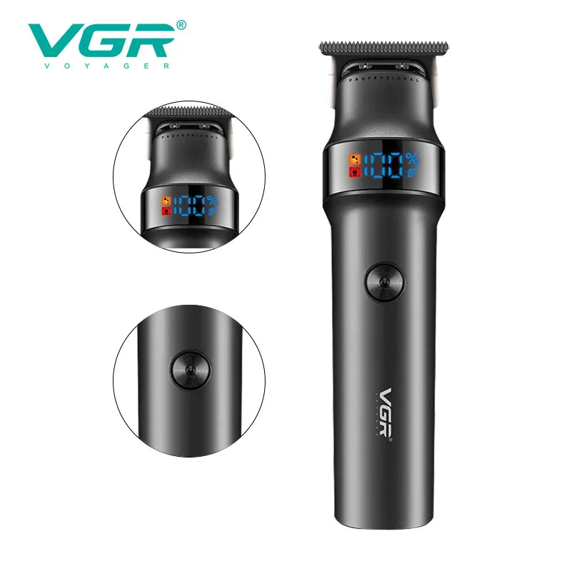 VGR V-987 Professional Zero-Gap Trimmer with close-up of LED display and ergonomic power button — Best heavy-duty hair trimmer for men in Pakistan.