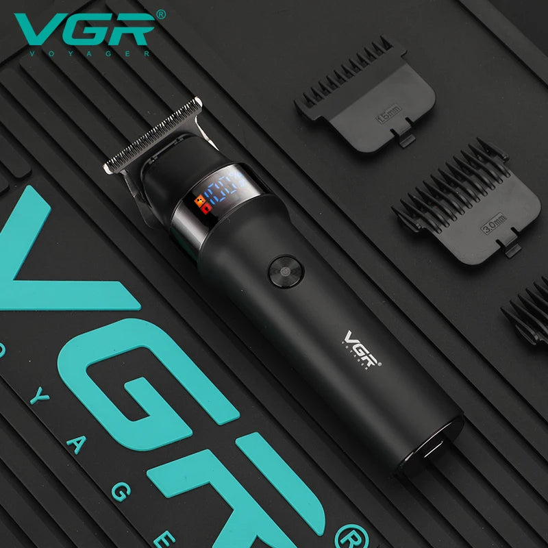 VGR V-987 Professional Cordless Trimmer on barber mat with 1.5mm and 3.0mm limit combs — High-quality VGR hair clipper for professional salon use in Pakistan.
