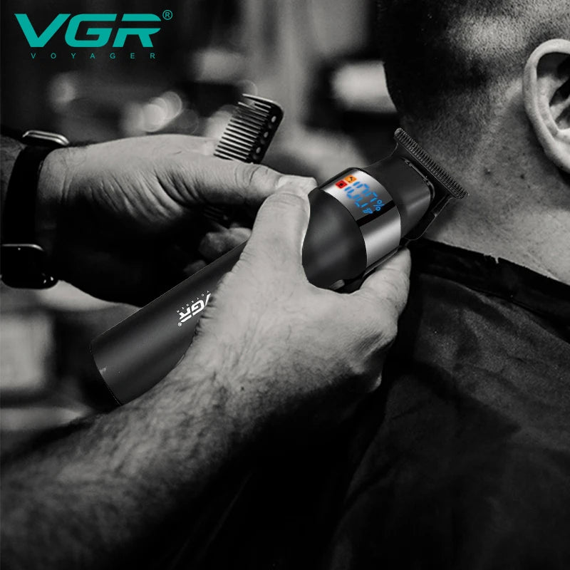 Barber using VGR V-987 Professional Trimmer for a precise neck hairline cleanup and finishing — High-performance cordless hair clipper for barber shops in Pakistan.