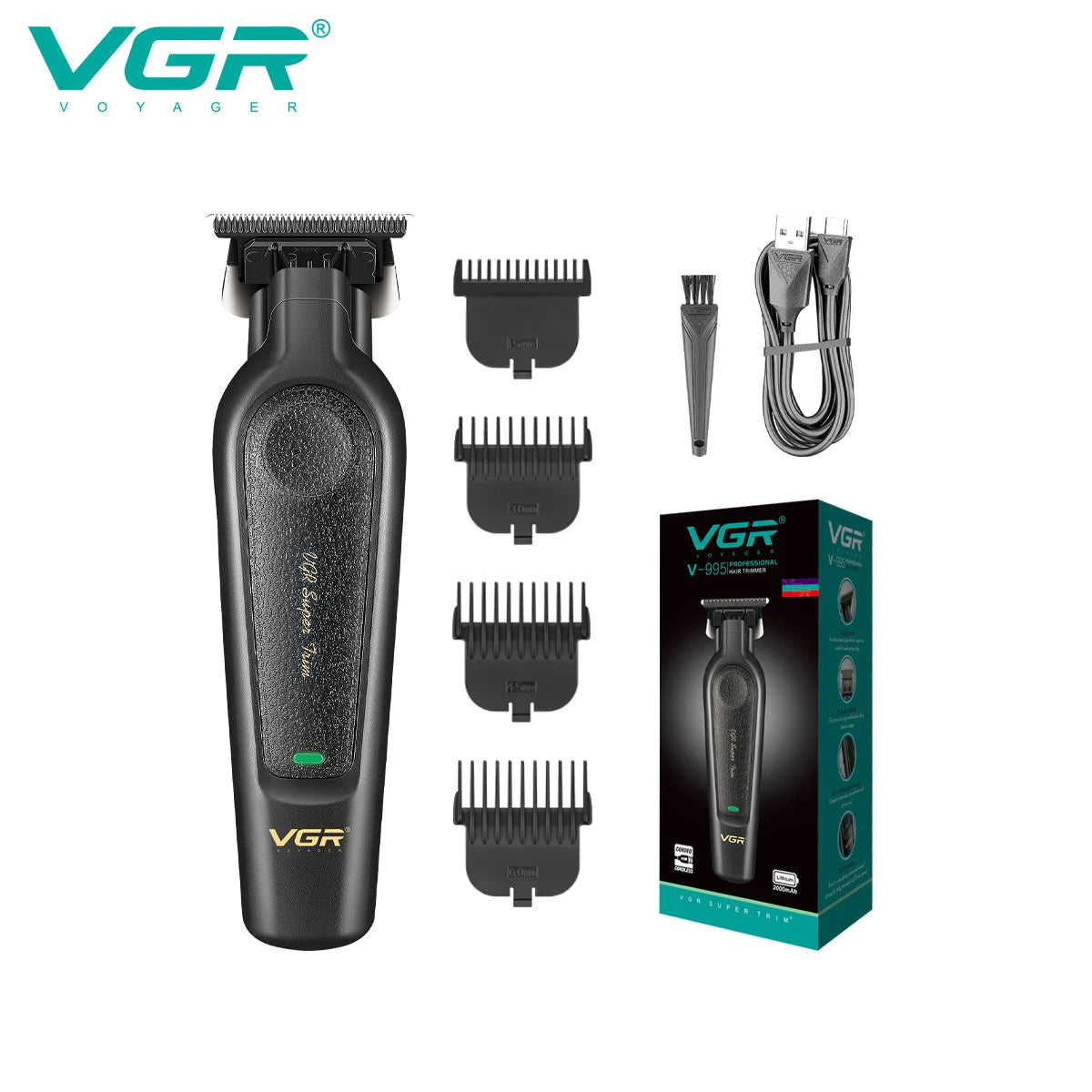 original vgr v-995 professional hair trimmer full package list with box 4 limit combs usb cable and cleaning brush