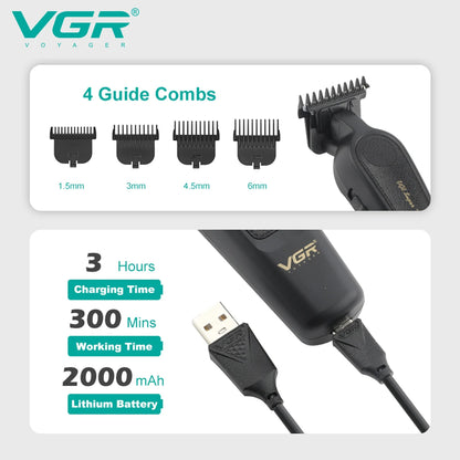 vgr v-995 trimmer technical features showing 4 guide combs 3 hours charging time and 2000mah lithium battery