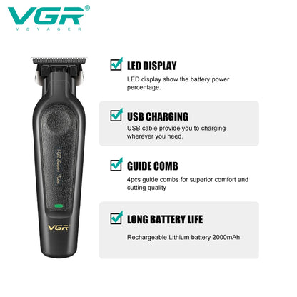 vgr v-995 hair trimmer main features highlighting led display usb charging guide combs and long battery life