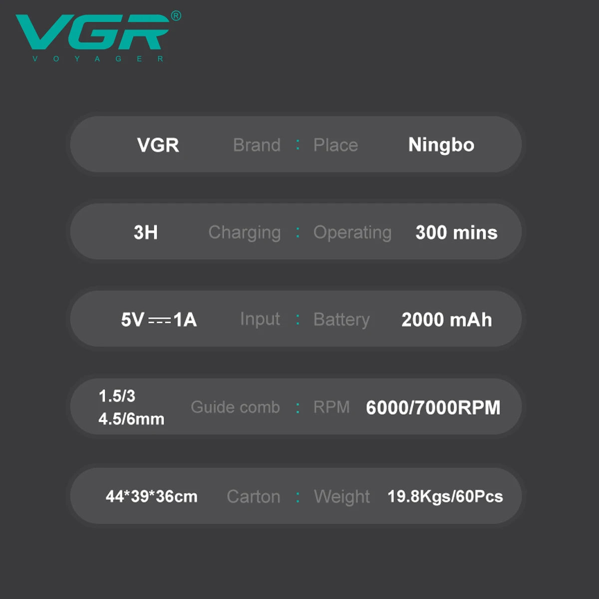 vgr v-995 professional trimmer factory specifications showing 6000 to 7000 rpm motor speed and 5v input