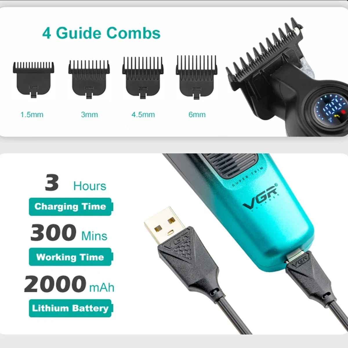 VGR V-996 professional trimmer with 2000mAh lithium battery and 300 min runtime for men's grooming.