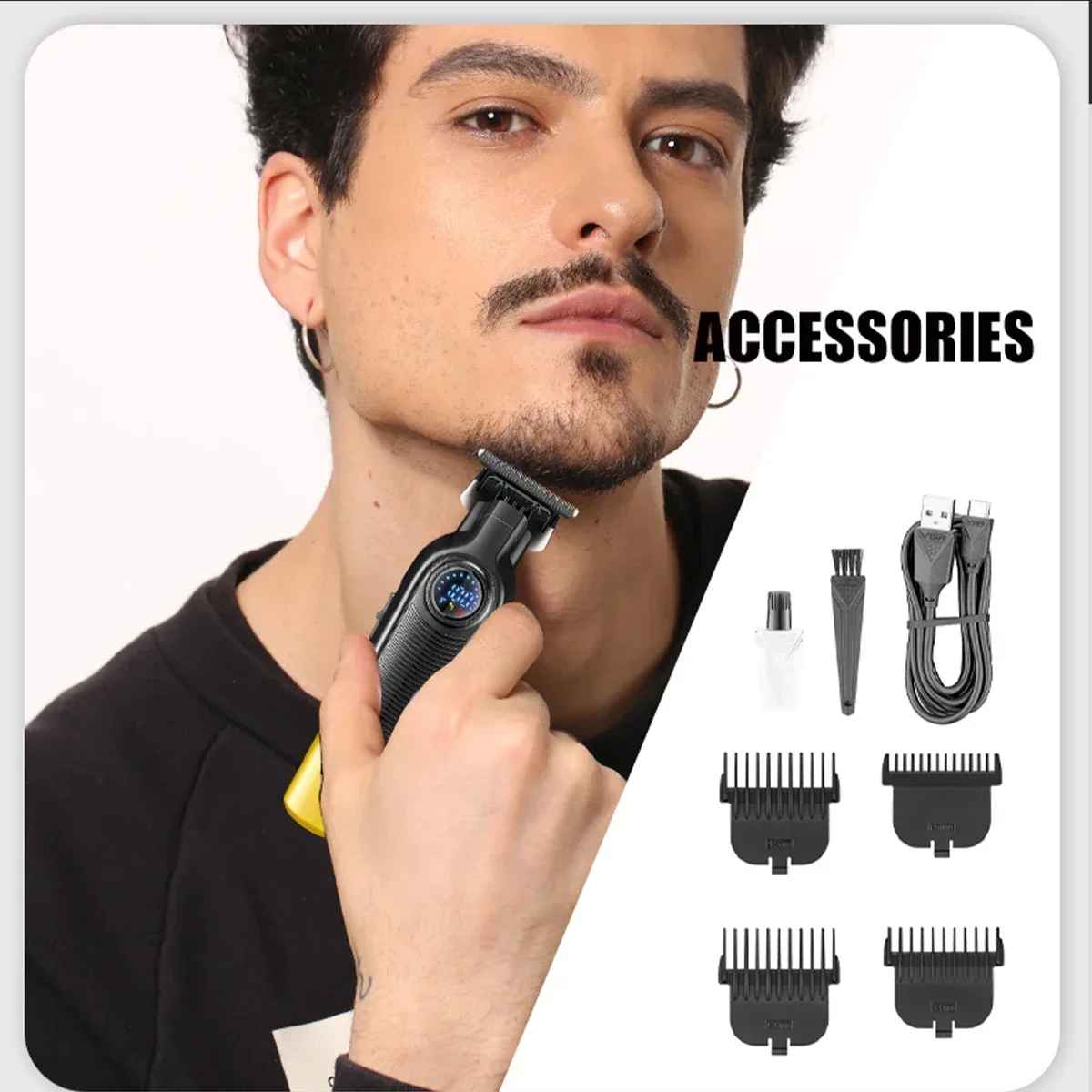 Man using VGR V-996 professional trimmer for beard detailing and shaping with included accessories.
