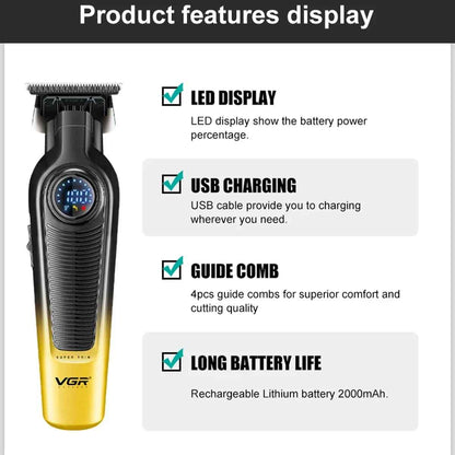 GR V-996 product features display: LED battery indicator, USB charging, 4-piece guide comb set, and 2000mAh lithium battery.