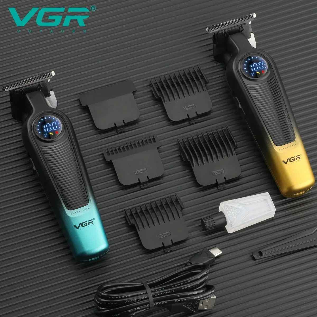 VGR V-996 grooming kit including 4 guide combs, USB Type-C charging cable, and cleaning brush.