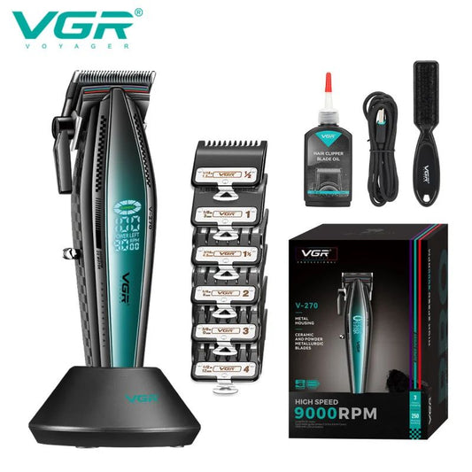 VGR V-270 professional cordless metal hair clipper kit with charging dock, 6 metal-clip guide combs, blade oil, USB-C cable, and retail packaging