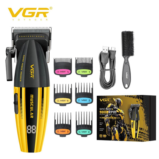 Complete VGR V-285 hair clipper kit displaying retail box, 6 guide combs, USB cable, and cleaning brush.