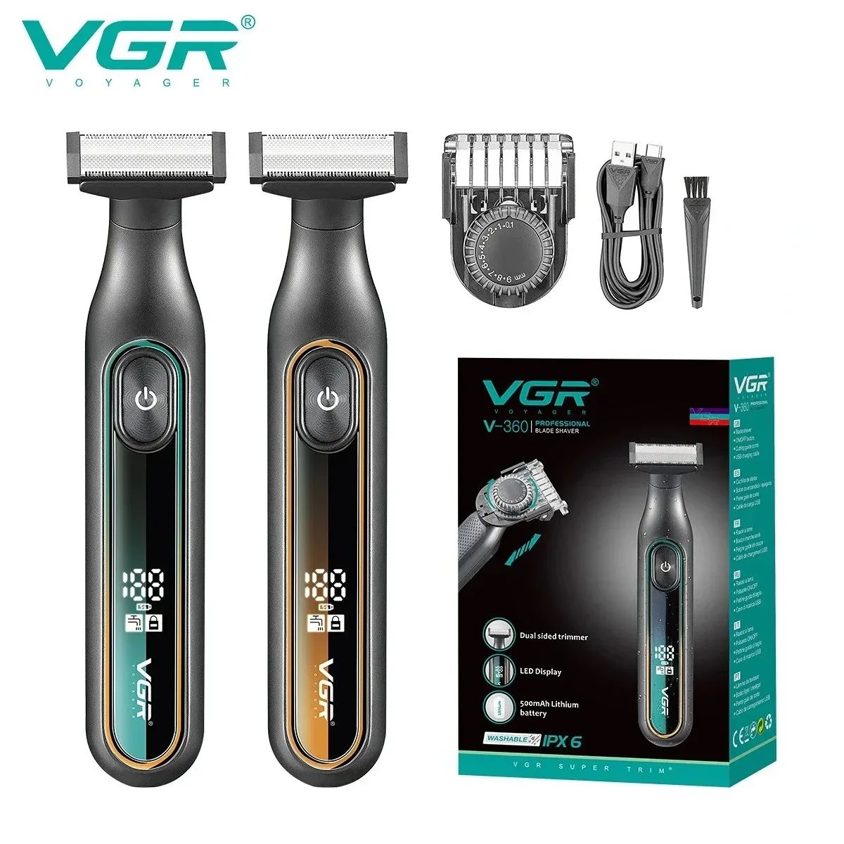 VGR V-360 Professional Blade Shaver set displayed with the main shaver unit, adjustable guide comb, USB charging cable, cleaning brush, and product packaging box.
