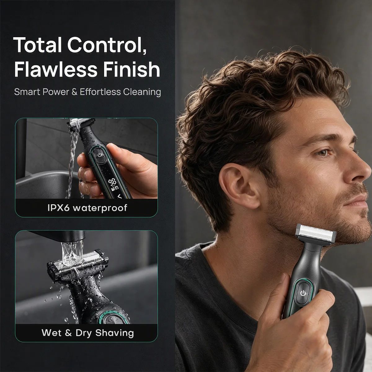 Man using the VGR V-360 electric shaver on his beard alongside inset graphics highlighting IPX6 waterproof construction and wet and dry shaving capability.