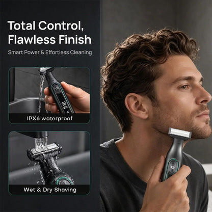 Man using the VGR V-360 electric shaver on his beard alongside inset graphics highlighting IPX6 waterproof construction and wet and dry shaving capability.