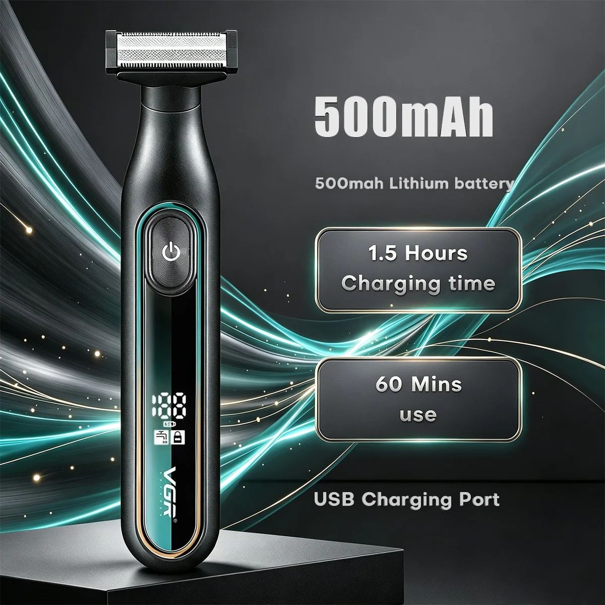 Front view of the VGR V-360 electric shaver highlighting its 500mAh lithium battery, 1.5-hour charging time, and 60 minutes of cordless runtime.
