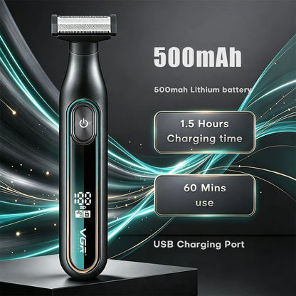 Front view of the VGR V-360 electric shaver highlighting its 500mAh lithium battery, 1.5-hour charging time, and 60 minutes of cordless runtime.