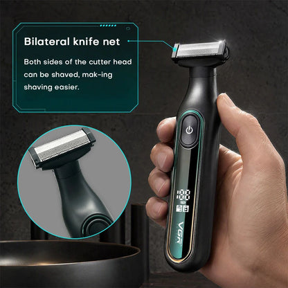 Hand holding the VGR V-360 electric shaver with a close-up graphic showing its dual-sided bilateral knife net blade head.