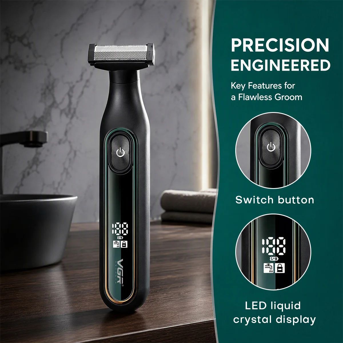 VGR V-360 shaver standing upright on a counter with close-up callouts detailing its power switch button and digital LED display.