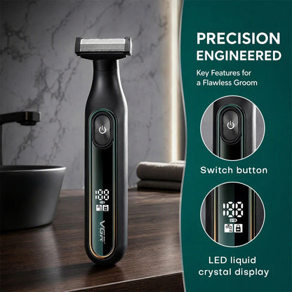 VGR V-360 shaver standing upright on a counter with close-up callouts detailing its power switch button and digital LED display.