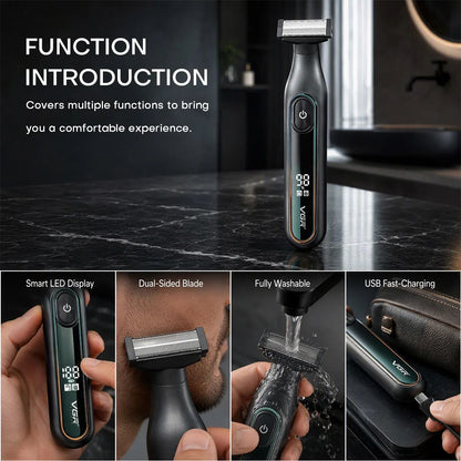 Overview diagram of the VGR V-360 showing key features: smart LED display, dual-sided blade, washable IPX6 body, and USB fast charging.