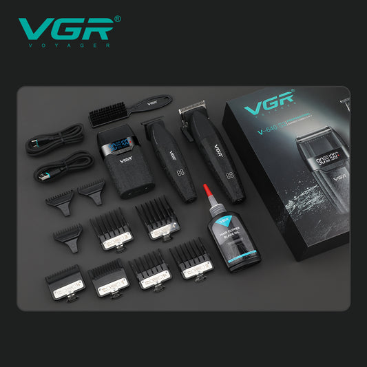 Complete VGR V-640 S3 professional 3-in-1 barber kit laying flat with box, clipper, trimmer, shaver, 9 guide combs, cables, and blade oil.
