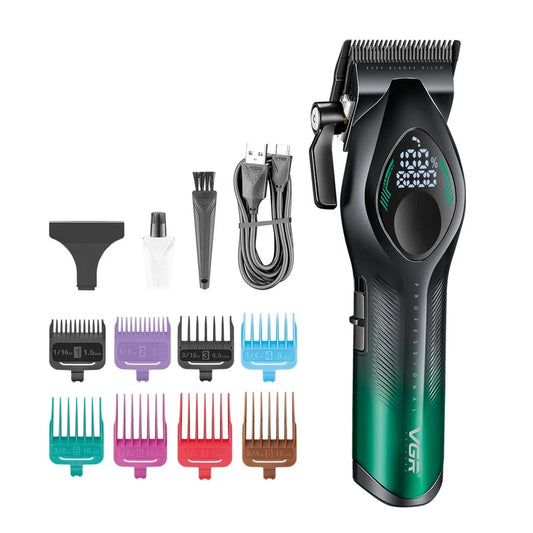 VGR V-858C professional rechargeable hair clipper with digital display and guide combs
