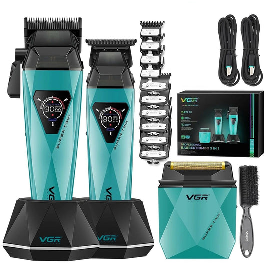 Complete VGR V-877 S3 3-in-1 barber kit in teal, shown with guide guards (1.5mm to 12mm), USB cables, charging bases, shaver unit, and cleaning brush.