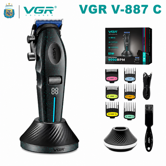 Complete VGR V-887C hair clipper set displayed with charging base, retail packaging box, 6 guide combs, USB cable, and cleaning brush.