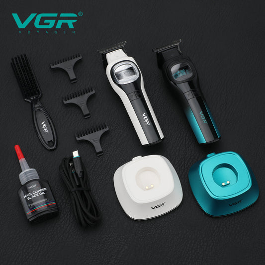 Flat lay overview of the complete VGR V-888T trimmer kit, including both white and teal trimmers, 3 guide combs, 2 charging docks, lubricating oil, cleaning brush, and USB-C cable.